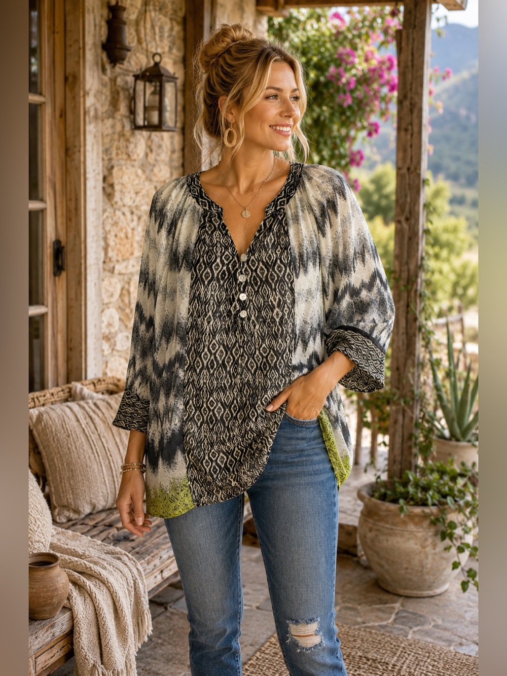 Hope Springs Boho Peasant Blouse | Green Black Cream Print | Button Front | Med